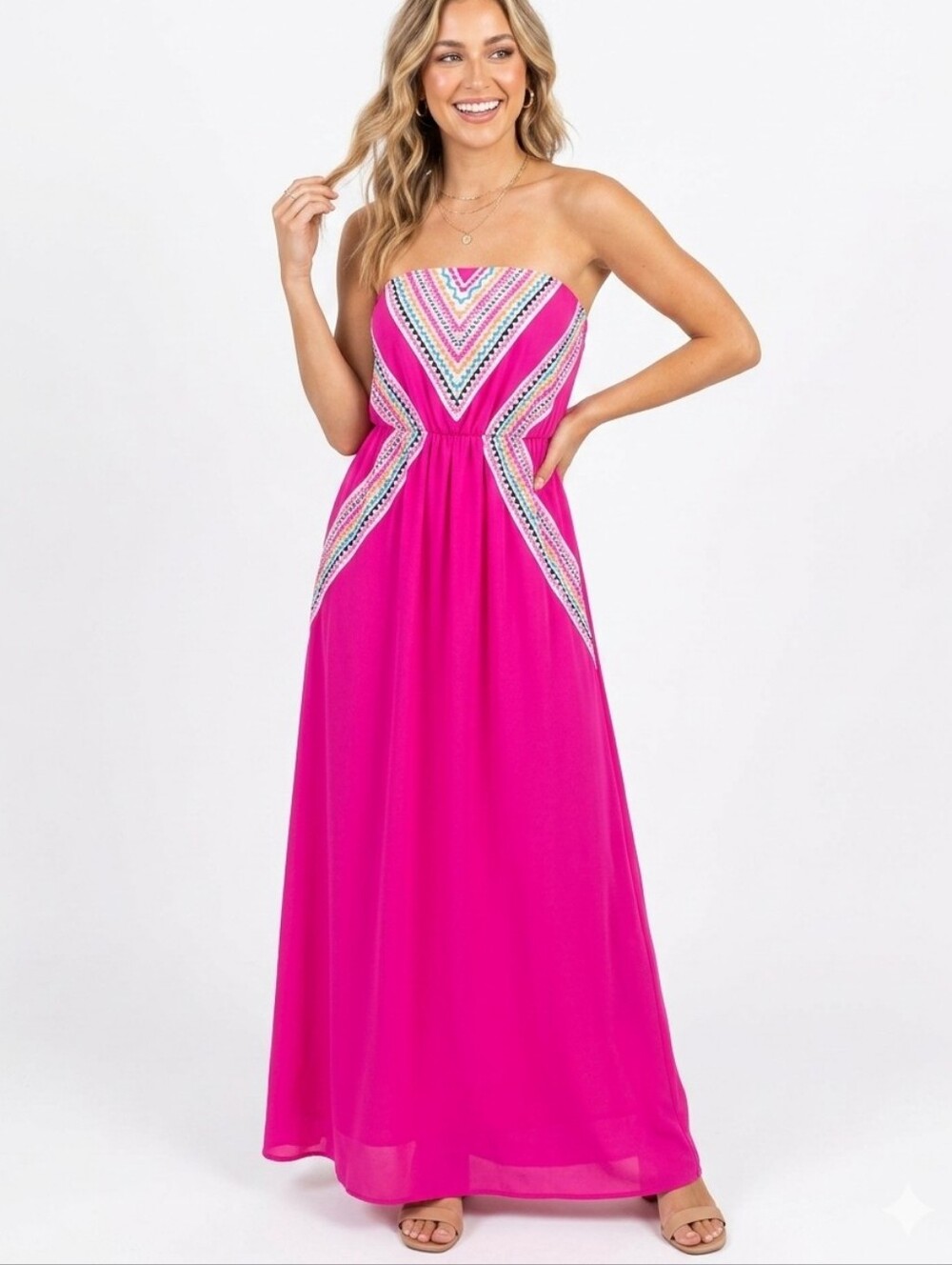 My Michelle Strapless Neon Pink Maxi with Multicolor Chevron Accent